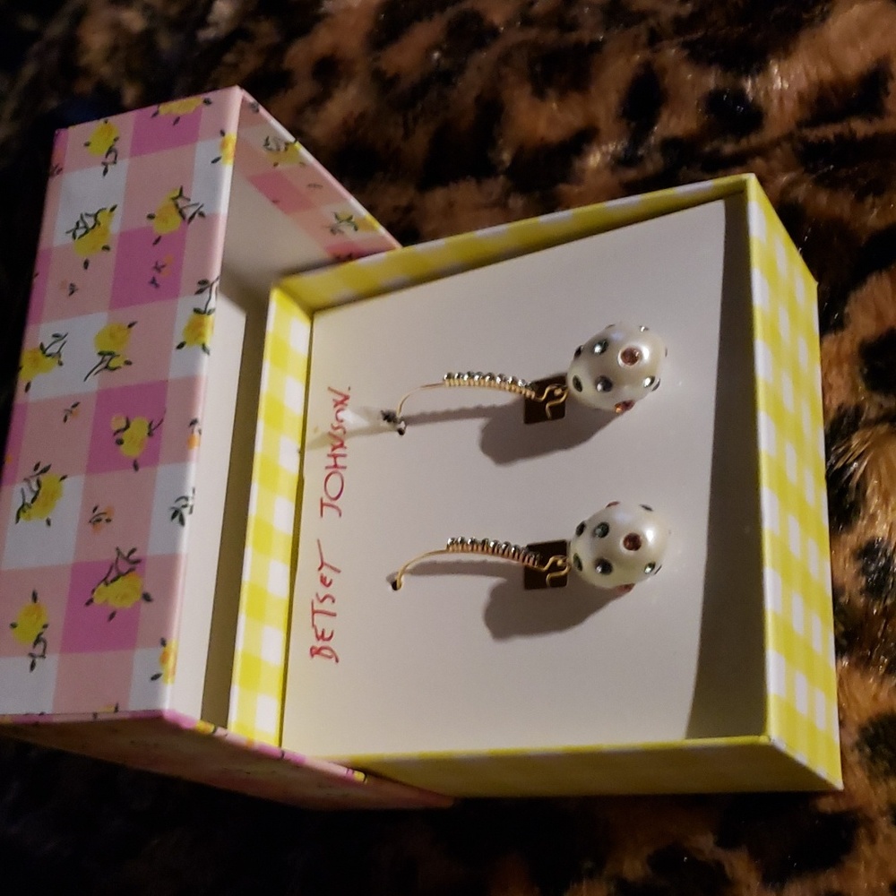 Faux pearl earrings dotted with colored crystals w/box! - Picture 5 of 5
